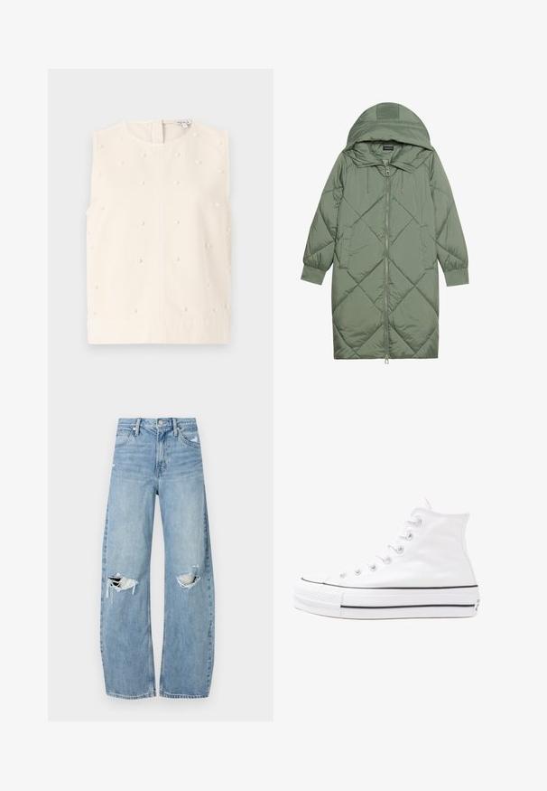Zelený prešívaný páperový kabát s kapucňou, so zipsovým uzáverom vpredu a dvoma bočnými vreckami. Po celom povrchu je textúrovaný diamantový vzor.; Bezrútkový krémový top s okrúhlym výstrihom, textúrovaná tkanina, zdobený malými okrúhlymi perlovými akcentami. Obsahuje zadný zips.; Svetlomodré, vysoké džínsy vyrobené z denimu. Majú široké nohavice, dve roztrhnuté kolená a klasický päťvreckový strih.; Biele vysoké plátené tenisky s čiernou gumovou podošvou, prednou gumovou špičkou a šiestimi okami na šnúrky, s čistým, minimalistickým dizajnom.