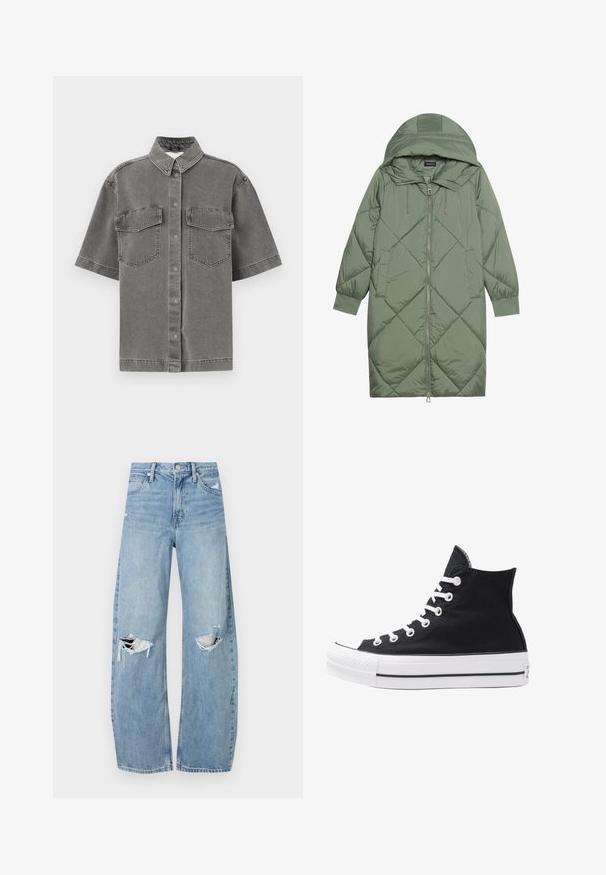 Steppelt, hosszú zöld pufikabát kapucnival, elöl cipzáras záródással és két oldalsó zsebből áll. Az anyagon teljes hosszában váltakozó gyémántmintázat található.; Rövid ujjú szürke farmering, gallérral, két mellzsebbel és gombos záródással. Megjelenése elhalványult textúrájú, szabványos fazonú.; Világoskék, magas derekú farmernadrág. Széles lábakkal, két szakadt térddel és klasszikus öt zsebes dizájnnal rendelkezik.; Fekete vászon magas szárú sneaker, fehér fűzőkkel és gumitalppal. Texturált orr-rész és fekete-fehér csíkos kiegészítők jellemzik.