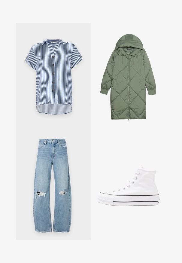Quilted long green puffer coat with a hood, featuring a front zipper closure and two side pockets. Textured diamond pattern throughout.; Short-sleeve button-up shirt featuring vertical blue and white stripes, a collar, five brown buttons, and a slightly curved hem.; Light blue, high-waisted jeans made of denim. Feature wide legs, two torn knee areas, and classic five-pocket styling.; White high-top canvas sneaker with black rubber sole, front rubber toe cap, and six eyelets for laces, featuring a clean, minimalist design.