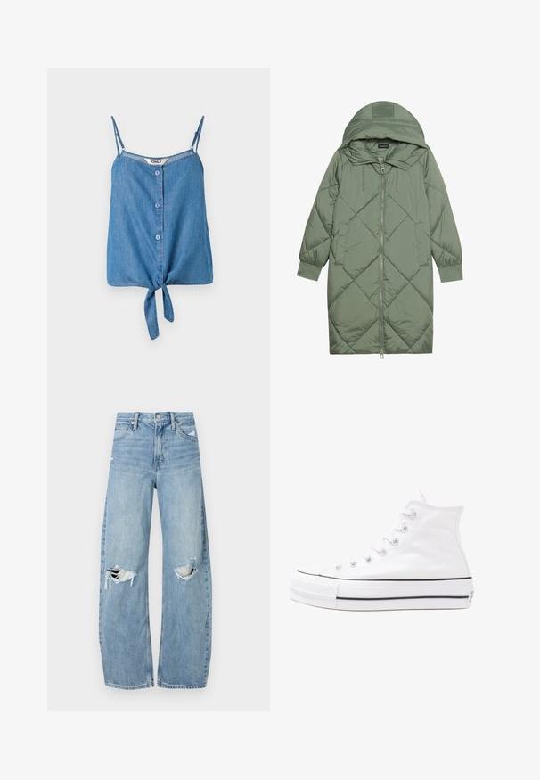 Zelený prešívaný páperový kabát s kapucňou, so zipsovým uzáverom vpredu a dvoma bočnými vreckami. Po celom povrchu je textúrovaný diamantový vzor.; Denimová bezramienková blúzka s nastaviteľnými ramienkami, so zapínaním na gombíky a viazaným lemom. Svetlomodrá farba a jemná textúra.; Svetlomodré, vysoké džínsy vyrobené z denimu. Majú široké nohavice, dve roztrhnuté kolená a klasický päťvreckový strih.; Biele vysoké plátené tenisky s čiernou gumovou podošvou, prednou gumovou špičkou a šiestimi okami na šnúrky, s čistým, minimalistickým dizajnom.