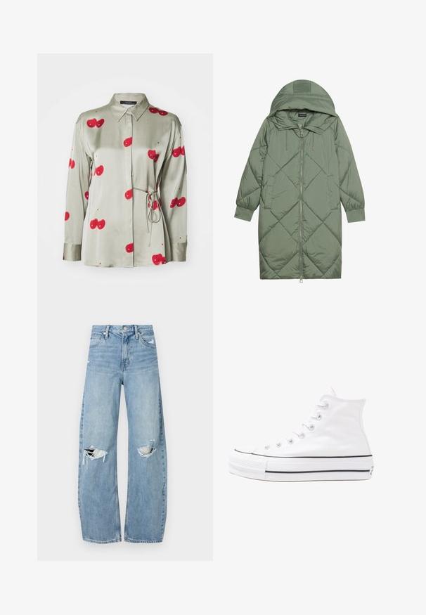 Gesteppten langer grüner Daunenmantel mit Kapuze, mit einem Reißverschluss vorne und zwei Seitentaschen. Strukturiertes Rautenmuster auf der gesamten Fläche.; Grüne Satinbluse mit Kentkragen, langen Ärmeln und roten Kirschmotiven. Verfügt über einen Bindegürtel in der Taille und eine glatte Textur.; Helles, hochtailliertes Jeans aus Denim. Hat weit geschnittene Beine, zwei aufgerissene Kniebereiche und klassischen Fünf-Taschen-Stil.; Weiße hochwertige Leinensneaker mit schwarzer Gummisohle, vorderem Gummizehenschutz und sechs Ösen für Schnürsenkel, die ein sauberes, minimalistisches Design aufweisen.