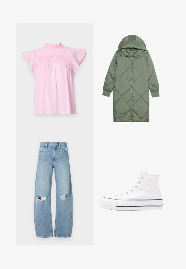 Quiltet lang grønn pufferjakke med hette, med en frontglidelås og to sidelommer. Teksturerte diamantmønster overalt.; Rosa bomullbluse med volangkrage, lette ermer og rynket byste med dekorativ blondekant. Subtil polka-prikket tekstur.; Lyseblå høytlivsjeans laget av denim. Har vide bein, to revne knær og klassisk fem-lommers design.; Hvit høy-skinn kanvas sneakers med svart gummisåle, gummitåhette foran og seks hull for snorer, med et rent, minimalistisk design.