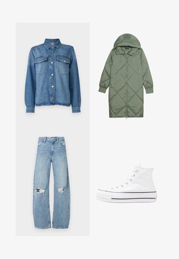 Prošívaný dlouhý zelený péřový kabát s kapucí, který má přední zip a dvě boční kapsy. Po celém povrchu je texturovaný diamantový vzor.; Džínová bunda světle modré barvy s předním zapínáním na knoflíky, dvěma náprsními kapsami, špičatým límcem a dlouhými rukávy s knoflíkovými manžetami.; Světle modré džíny s vysokým pasem vyrobené z denimu. Mají široké nohavice, dvě roztržené oblasti na kolenou a klasický pětikapsový střih.; Bílé vysoké plátěné tenisky s černou gumovou podrážkou, přední gumovou špičkou a šesti očky na tkaničky, se čistým, minimalistickým designem.