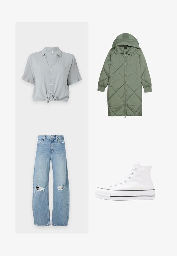 Casaco puffer longo verde acolchoado com capuz, apresentando um fecho frontal com zíper e dois bolsos laterais. Padrão texturizado em forma de diamante por todo o casaco.; Camisa cinza-claro de mangas curtas com colarinho, botões frontais e barra atada. Feita de um tecido suave e liso.; Jeans de lavagem clara, de cintura alta, feitos de denim. Apresentam pernas largas, duas áreas rasgadas nos joelhos e o estilo clássico de cinco bolsos.; Sapatilha alta de tela branca com sola de borracha preta, bico de borracha na frente e seis ilhós para os atacadores, apresentando um design limpo e minimalista.