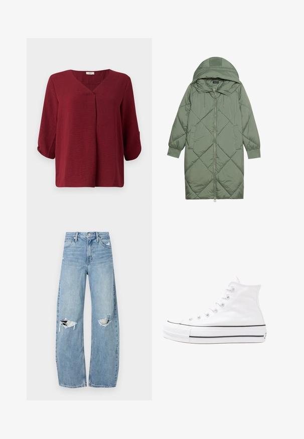 Quilted long green puffer coat with a hood, featuring a front zipper closure and two side pockets. Textured diamond pattern throughout.; Burgundy, three-quarter sleeve blouse with a V-neck and front pleat detail. Made of lightweight, textured fabric with a relaxed fit.; Light blue, high-waisted jeans made of denim. Feature wide legs, two torn knee areas, and classic five-pocket styling.; White high-top canvas sneaker with black rubber sole, front rubber toe cap, and six eyelets for laces, featuring a clean, minimalist design.