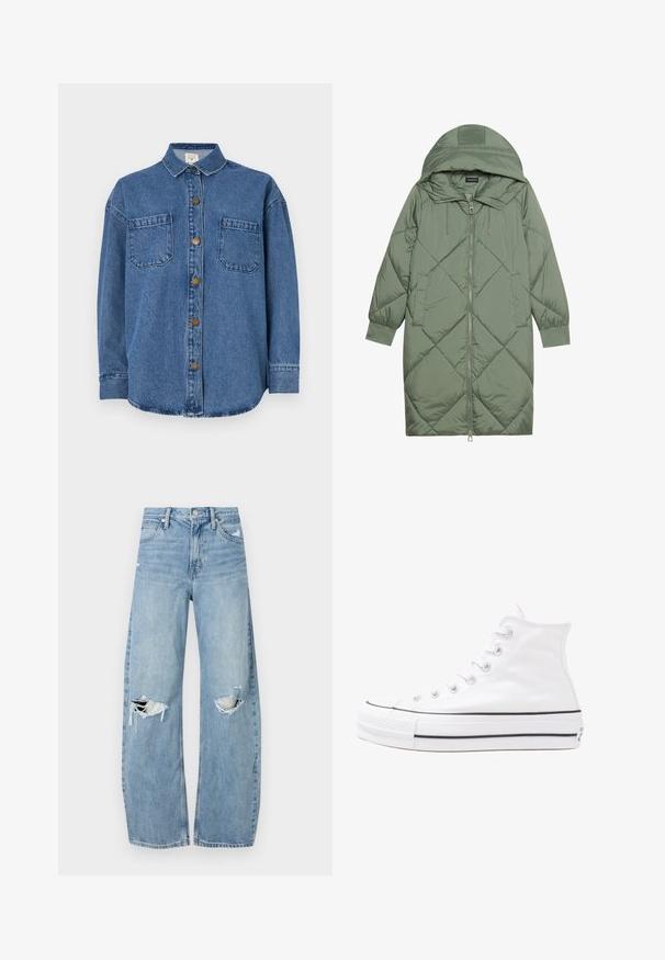 Manteau matelassé long vert avec capuche, doté d'une fermeture éclair à l'avant et de deux poches latérales. Motif en losanges texturé sur toute sa surface.; Chemise en denim bleu moyen, avec un devant à boutons, deux poches poitrine et un col. Manches longues avec poignets à boutons.; Jeans en denim bleu clair à taille haute. Présentent des jambes larges, deux zones déchirées aux genoux et un style classique à cinq poches.; Baskets montantes en toile blanche avec semelle en caoutchouc noir, capuchon en caoutchouc à l'avant, et six œillets pour les lacets, présentant un design épuré et minimaliste.