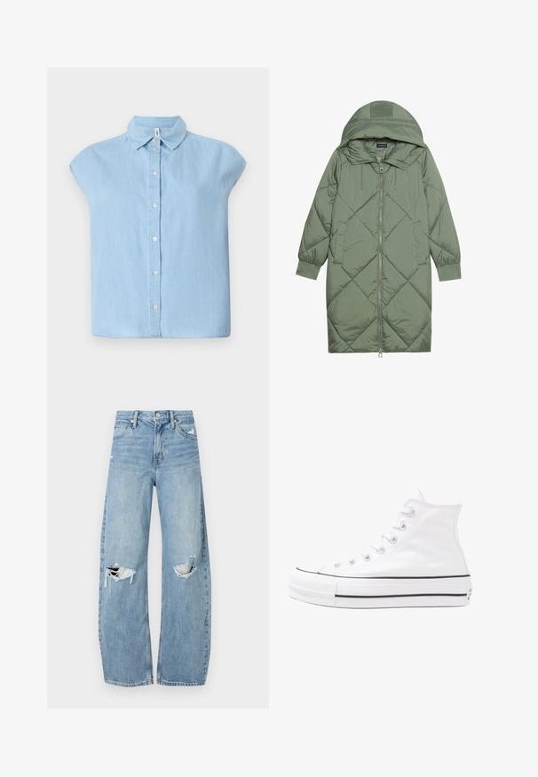 Quilted long green puffer coat with a hood, featuring a front zipper closure and two side pockets. Textured diamond pattern throughout.; Blue short-sleeve button-up shirt made of denim fabric, featuring a classic collar and front button closure, with a relaxed fit and flat hem.; Light blue, high-waisted jeans made of denim. Feature wide legs, two torn knee areas, and classic five-pocket styling.; White high-top canvas sneaker with black rubber sole, front rubber toe cap, and six eyelets for laces, featuring a clean, minimalist design.