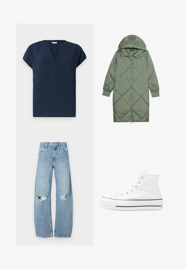Quiltet lang grøn pufferjakke med hætte, med frontlynlås og to sidelommer. Teksturret diamantmønster over det hele.; Marineblå kortærmet top med V-formet udskæring, lavet af et let materiale. Har en afslappet pasform og subtil fald.; Lysblå, højtraljede jeans lavet af denim. Har brede ben, to huller ved knæene og klassisk fem-lommes stil.; Hvide høje kanvas sneakers med sort gummisål, gummitåhætte foran og seks øjehuller til snørebånd, der har et rent, minimalistisk design.