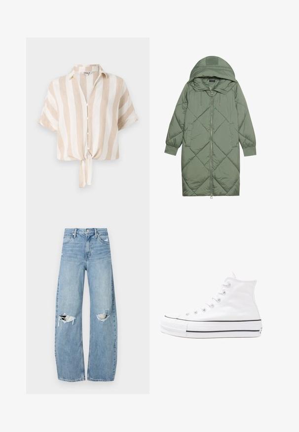Casaco puffer longo verde acolchoado com capuz, apresentando um fecho frontal com zíper e dois bolsos laterais. Padrão texturizado em forma de diamante por todo o casaco.; Camisa de mangas curtas listrada em bege e branco com frente abotoadas e bainha atada. Feita de tecido leve, adequada para climas quentes.; Jeans de lavagem clara, de cintura alta, feitos de denim. Apresentam pernas largas, duas áreas rasgadas nos joelhos e o estilo clássico de cinco bolsos.; Sapatilha alta de tela branca com sola de borracha preta, bico de borracha na frente e seis ilhós para os atacadores, apresentando um design limpo e minimalista.