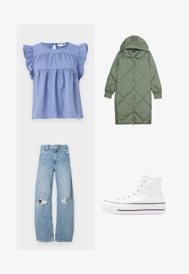 Izšūts garš zaļš pūšļa mētelis ar kapuci, ar priekšējo rāvējslēdzēju un divām sānu kabatām. Visā virsmā ir teksturēta dimanta raksts.; Gaiši zila bluse no mīksta auduma, ar īsām volānu piedurknēm, apaļu kakla izgriezumu un atvērumu aizmugurē ar pogu aizdari.; Gaiši zili, augstās vidukļa džinsi, kas izgatavoti no denima. Iespējas plašas kājas, divas plēstas ceļa daļas un klasiskā piecu kabatu dizains.; Balti augstie kanvas sporta apavi ar melnu gumijas zoli, priekšējo gumijas purngalu un sešām acīm lencēm, kuriem ir tīrs, minimālistisks dizains.