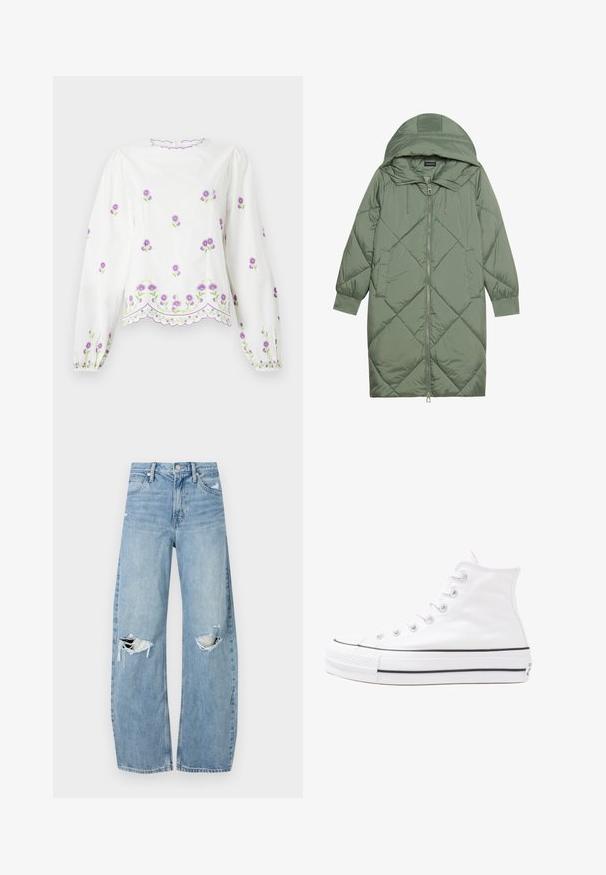 Quiltet lang grønn pufferjakke med hette, med en frontglidelås og to sidelommer. Teksturerte diamantmønster overalt.; Hvit bluse med lange, utstoppa ermer. Har lilla blomsterbroderi og en bølget kant. Teksturert stoff med en glatt overflate.; Lyseblå høytlivsjeans laget av denim. Har vide bein, to revne knær og klassisk fem-lommers design.; Hvit høy-skinn kanvas sneakers med svart gummisåle, gummitåhette foran og seks hull for snorer, med et rent, minimalistisk design.