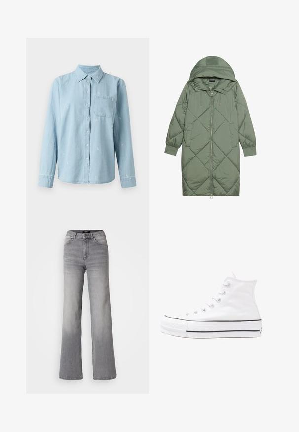 Gesteppten langer grüner Daunenmantel mit Kapuze, mit einem Reißverschluss vorne und zwei Seitentaschen. Strukturiertes Rautenmuster auf der gesamten Fläche.; Helles blaues Denim-Hemd mit langen Ärmeln, Knopfleiste und einer Brusttasche. Verfügt über weiße florale Stickereien über den Stoff.; Hochtaillierte graue Denim-Jeans mit geradem Bein, Frontknopf und Reißverschluss, Vorder- und Gesäßtaschen sowie ausgewaschenen Schattierungen an Oberschenkeln und Waden.; Weiße hochwertige Leinensneaker mit schwarzer Gummisohle, vorderem Gummizehenschutz und sechs Ösen für Schnürsenkel, die ein sauberes, minimalistisches Design aufweisen.