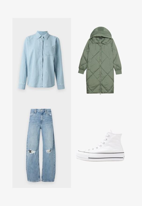 Quiltet lang grønn pufferjakke med hette, med en frontglidelås og to sidelommer. Teksturerte diamantmønster overalt.; Lys blå denimskjorte med lange ermer, knappestolpe foran og brystlomme. Har hvit blomsterbroderi over hele stoffet.; Lyseblå høytlivsjeans laget av denim. Har vide bein, to revne knær og klassisk fem-lommers design.; Hvit høy-skinn kanvas sneakers med svart gummisåle, gummitåhette foran og seks hull for snorer, med et rent, minimalistisk design.