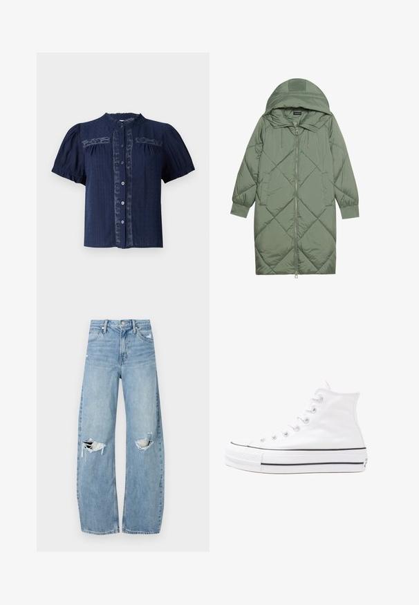 Quiltet lang grønn pufferjakke med hette, med en frontglidelås og to sidelommer. Teksturerte diamantmønster overalt.; Marineblå kortermet bluse med teksturert stoff, som har blonde detaljer og en knapplukking foran med rund krage.; Lyseblå høytlivsjeans laget av denim. Har vide bein, to revne knær og klassisk fem-lommers design.; Hvit høy-skinn kanvas sneakers med svart gummisåle, gummitåhette foran og seks hull for snorer, med et rent, minimalistisk design.