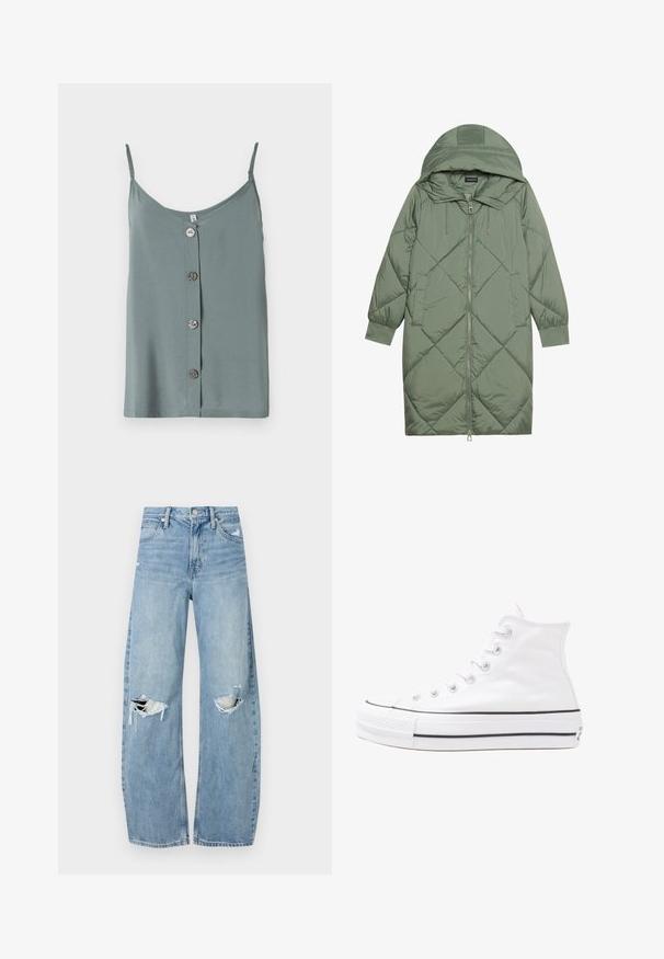 Gequiltede lange groene pufferjas met een capuchon, met een ritssluiting aan de voorkant en twee zijzakken. Gelaagd ruitpatroon overal.; Mouwloos, lichtgroen topje met een ronde halslijn en een sluiting aan de voorkant met vijf gladde, ronde knopen. Zachte stof met een ontspannen pasvorm.; Lichtblauwe, hooggeritste jeans van denim. Beschikken over wijde pijpen, twee gescheurde knievalken en klassieke vijfzakken styling.; Witte high-top canvas sneakers met een zwarte rubberen zool, een rubberen neuskap aan de voorkant en zes gaatjes voor veters, met een schone, minimalistische uitstraling.