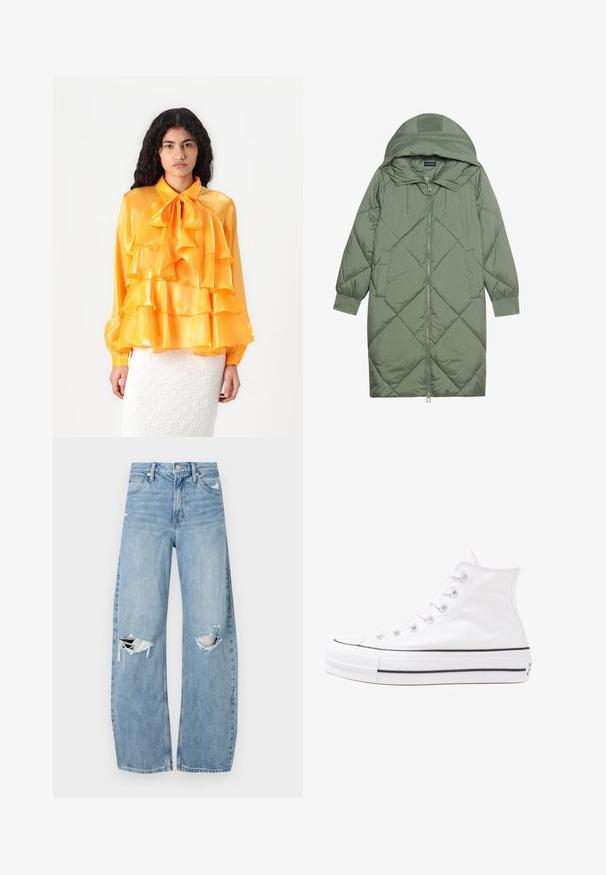 Quiltet lang grøn pufferjakke med hætte, med frontlynlås og to sidelommer. Teksturret diamantmønster over det hele.; Gul satinbluse med flæser, sløjfekrave og lange ærmer. Teksturen er glat og skinnende. Båret over en hvid struktureret nederdel.; Lysblå, højtraljede jeans lavet af denim. Har brede ben, to huller ved knæene og klassisk fem-lommes stil.; Hvide høje kanvas sneakers med sort gummisål, gummitåhætte foran og seks øjehuller til snørebånd, der har et rent, minimalistisk design.