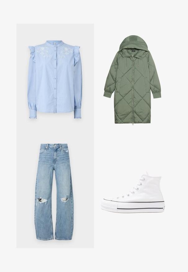 Quiltana duga zelena puffer jakna s kapuljačom, s prednjim zatvaračem i dva bočna džepa. Teksturni dijamantni uzorak kroz cijelu jaknu.; Svijetloplava košulja dugih rukava s detaljima naboranih ramena i cvjetnom vezom na prsima. Ima duge rukave s naboranim manžetama.; Svijetloplave, visoko-strukirane traperice. Imaju široke nogavice, dva razderana područja na koljenima i klasičan stil s pet džepova.; Bijela visoka platnena tenisica s crnom gumenom potplatom, prednjim gumenim zaštitnikom prstiju i šest rupa za vezanje, s čistim, minimalističkim dizajnom.