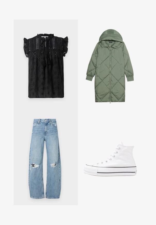Casaco puffer longo verde acolchoado com capuz, apresentando um fecho frontal com zíper e dois bolsos laterais. Padrão texturizado em forma de diamante por todo o casaco.; Blusa preta de mangas curtas com decote franzido, detalhes em renda e acabamentos com franjas. Apresenta padrões bordados e tecido texturizado.; Jeans de lavagem clara, de cintura alta, feitos de denim. Apresentam pernas largas, duas áreas rasgadas nos joelhos e o estilo clássico de cinco bolsos.; Sapatilha alta de tela branca com sola de borracha preta, bico de borracha na frente e seis ilhós para os atacadores, apresentando um design limpo e minimalista.