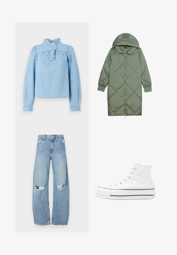 Izšūts garš zaļš pūšļa mētelis ar kapuci, ar priekšējo rāvējslēdzēju un divām sānu kabatām. Visā virsmā ir teksturēta dimanta raksts.; Gaiši zils džinsu blūze ar viļņotu apkakli, priekšējo pogu ailīti un garām pūkainām piedurknēm. Gluda tekstūra ar savāktajiem dekoratīvajiem elementiem.; Gaiši zili, augstās vidukļa džinsi, kas izgatavoti no denima. Iespējas plašas kājas, divas plēstas ceļa daļas un klasiskā piecu kabatu dizains.; Balti augstie kanvas sporta apavi ar melnu gumijas zoli, priekšējo gumijas purngalu un sešām acīm lencēm, kuriem ir tīrs, minimālistisks dizains.