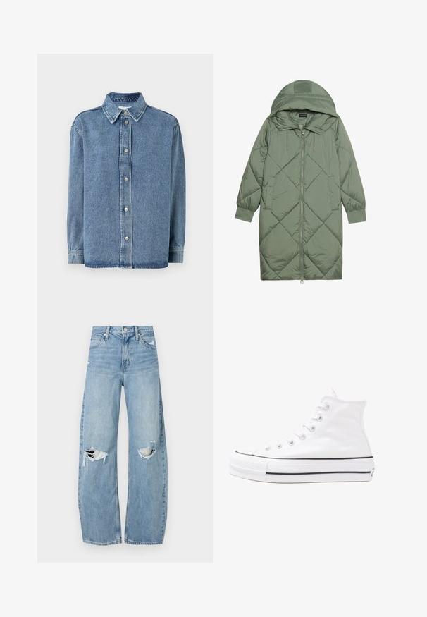 Quiltuotas ilgas žalias pūkinis paltas su kapuce, turintis priekinį užtrauktuką ir dvi šonines kišenes. Visame paviršiuje yra tekstūrinis rombų raštas.; Šviesiai mėlyna džinsinė marškiniai su ilgomis rankovėmis, mygtukų uždarymu priekyje, smailiu apykakle ir laisvu siluetu. Minkšta tekstūra su minimaliais siuvimo detalėmis.; Šviesiai mėlynos, aukštu juosmeniu džinsai pagaminti iš džinsinio audinio. Turi plačias kojų kelnes, dvi suplėšytas kelio vietas ir klasikinį penkių kišenių dizainą.; Balti aukštakulniai drobės sportbačiai su juodu guminio pado, priekinio guminio piršto dangteliu ir šešiais akytėmis raištams, pasižymintys švariu, minimalistiniu dizainu.