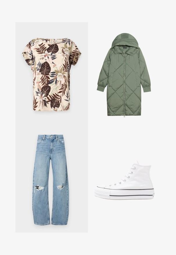 Steppelt, hosszú zöld pufikabát kapucnival, elöl cipzáras záródással és két oldalsó zsebből áll. Az anyagon teljes hosszában váltakozó gyémántmintázat található.; Rövidujjú blúz bézs színben, trópusi virágmintával, sötét levelekkel, világos rózsaszín virágokkal és zöld kiegészítőkkel. Simaságú anyag.; Világoskék, magas derekú farmernadrág. Széles lábakkal, két szakadt térddel és klasszikus öt zsebes dizájnnal rendelkezik.; Fehér magaskorsó vászon sportcipő fekete gumi talppal, elülső gumi orrnyereggel és hat fűzőlyukkal, letisztult, minimalista dizájnnal.