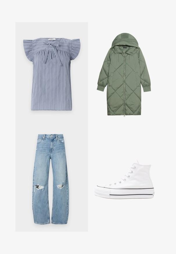 Cappotto lungo imbottito verde con un cappuccio, caratterizzato da una chiusura frontale a zip e due tasche laterali. Motivo a rombi testurizzati su tutta la superficie.; Blusa a righe azzurra chiara con maniche a cappuccio, caratterizzata da un nodo al collo, tessuto texturizzato e una vestibilità rilassata.; Jeans azzurri chiari a vita alta realizzati in denim. Presentano gambe larghe, due aree strappate sulle ginocchia e il classico styling a cinque tasche.; Sneaker alta in tela bianca con suola in gomma nera, punta in gomma frontale e sei asole per i lacci, caratterizzata da un design pulito e minimalista.