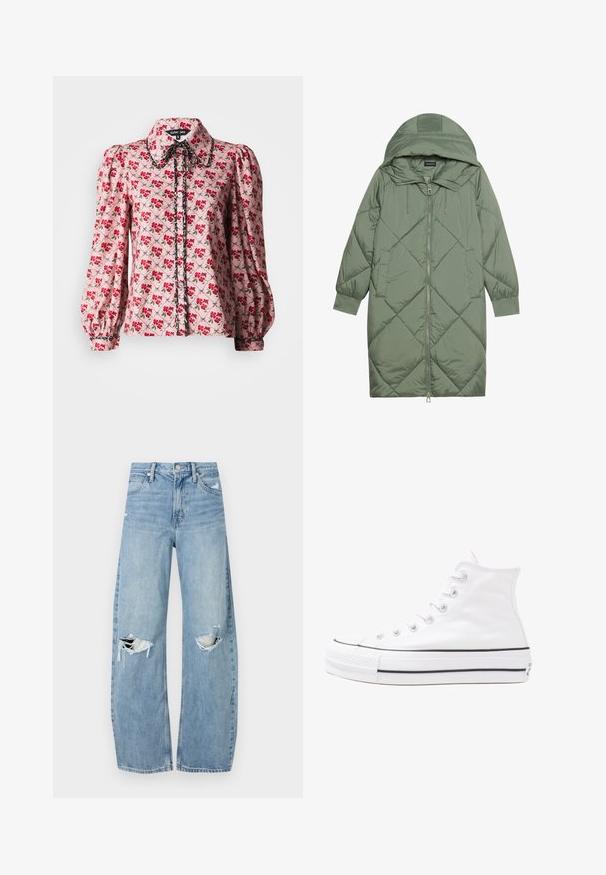 Quilted long green puffer coat with a hood, featuring a front zipper closure and two side pockets. Textured diamond pattern throughout.; Floral blouse in pink fabric featuring red and green flower patterns. Puff sleeves, a collared neck, and button-front closure with contrasting details.; Light blue, high-waisted jeans made of denim. Feature wide legs, two torn knee areas, and classic five-pocket styling.; White high-top canvas sneaker with black rubber sole, front rubber toe cap, and six eyelets for laces, featuring a clean, minimalist design.