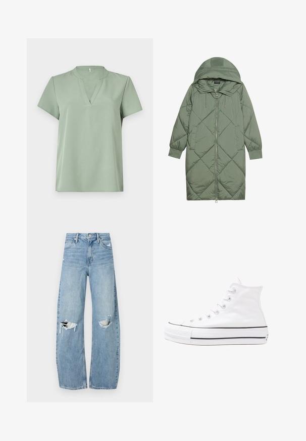 Zelený prešívaný páperový kabát s kapucňou, so zipsovým uzáverom vpredu a dvoma bočnými vreckami. Po celom povrchu je textúrovaný diamantový vzor.; Krátky rukáv v svetlozelenej farbe, s výstrihom do V a hladkým povrchom. Jednoduchý dizajn bez vzorov alebo akcentov.; Svetlomodré, vysoké džínsy vyrobené z denimu. Majú široké nohavice, dve roztrhnuté kolená a klasický päťvreckový strih.; Biele vysoké plátené tenisky s čiernou gumovou podošvou, prednou gumovou špičkou a šiestimi okami na šnúrky, s čistým, minimalistickým dizajnom.