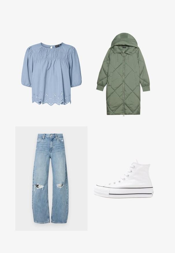 Casaco puffer longo verde acolchoado com capuz, apresentando um fecho frontal com zíper e dois bolsos laterais. Padrão texturizado em forma de diamante por todo o casaco.; Blusa azul clara feita de algodão, com decote redondo, mangas bufantes e delicados acabamentos de renda com ilhós na bainha.; Jeans de lavagem clara, de cintura alta, feitos de denim. Apresentam pernas largas, duas áreas rasgadas nos joelhos e o estilo clássico de cinco bolsos.; Sapatilha alta de tela branca com sola de borracha preta, bico de borracha na frente e seis ilhós para os atacadores, apresentando um design limpo e minimalista.