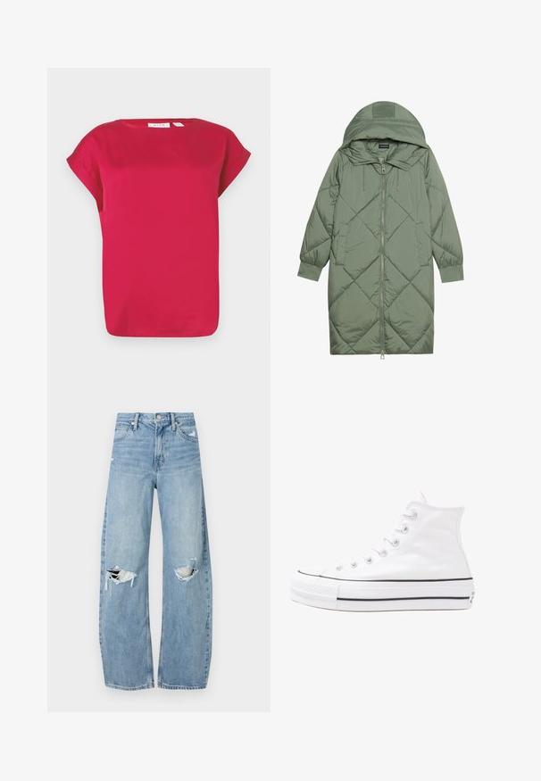 Pistetud pikk roheline puffermantel kapuutsiga, esiküljel tõmblukuga ja kahe küljetaskuga. Kogu pinnal on struktureeritud rombikujundus.; Punane lühikeste varrukatega tops, mis on valmistatud siledast kangast, ümmarguse kaelusega ja rullitud varrukatega. Lihtne disain, millel on mugav lõige ja sirge äär.; Heledad hallideega sinised teksad, millel on kõrge talje. Teksade jalgadel on lai alus, kaks rebitud kohta põlvede ümber ning klassikaline viie tasku stiil.; Valge kõrgem kangast tenniseking, millel on must kummist tald, ees kummist varvasetugi ja kuus aukku paelte jaoks, pakkudes puhta ja minimalistliku disaini.