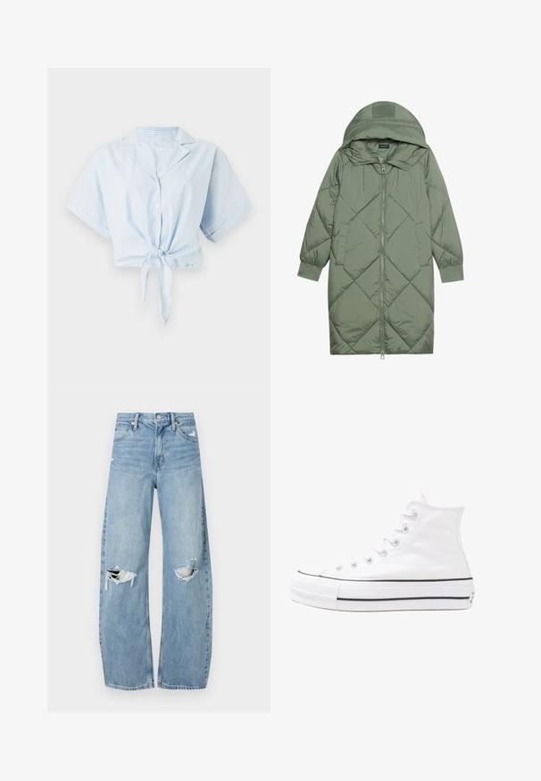 Quilted long green puffer coat with a hood, featuring a front zipper closure and two side pockets. Textured diamond pattern throughout.; Light blue cropped shirt with vertical white stripes, short sleeves, collar, and a front tie closure. Made of a smooth, lightweight fabric.; Light blue, high-waisted jeans made of denim. Feature wide legs, two torn knee areas, and classic five-pocket styling.; White high-top canvas sneaker with black rubber sole, front rubber toe cap, and six eyelets for laces, featuring a clean, minimalist design.