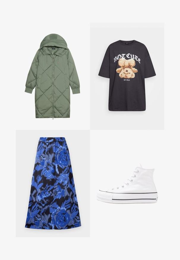 Casaco puffer longo verde acolchoado com capuz, apresentando um fecho frontal com zíper e dois bolsos laterais. Padrão texturizado em forma de diamante por todo o casaco.; T-shirt oversized preto com uma gráfica de um urso e o texto "NÃO FOFO, MAS SELVAGEM" em letras brancas e em negrito. Material em algodão.; Saias folgadas com um padrão floral azul sobre um fundo preto. Cintura elástica, tecido leve e design até ao joelho.; Sapatilha alta de tela branca com sola de borracha preta, bico de borracha na frente e seis ilhós para os atacadores, apresentando um design limpo e minimalista.