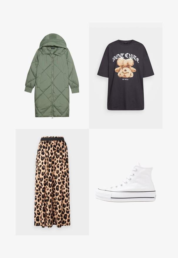 Gesteppten langer grüner Daunenmantel mit Kapuze, mit einem Reißverschluss vorne und zwei Seitentaschen. Strukturiertes Rautenmuster auf der gesamten Fläche.; Schwarzes, übergroßes T-Shirt mit einem Grafikdruck eines Bären und dem Text "NICHT SÜß, SONDERN WILD" in fetter, weißer Schrift. Baumwollmaterial.; Maxikleid aus Leopardenmuster mit schwarzem elastischem Bund, aus glattem, fließendem Stoff und mit ausgeweiteter Silhouette.; Weiße hochwertige Leinensneaker mit schwarzer Gummisohle, vorderem Gummizehenschutz und sechs Ösen für Schnürsenkel, die ein sauberes, minimalistisches Design aufweisen.