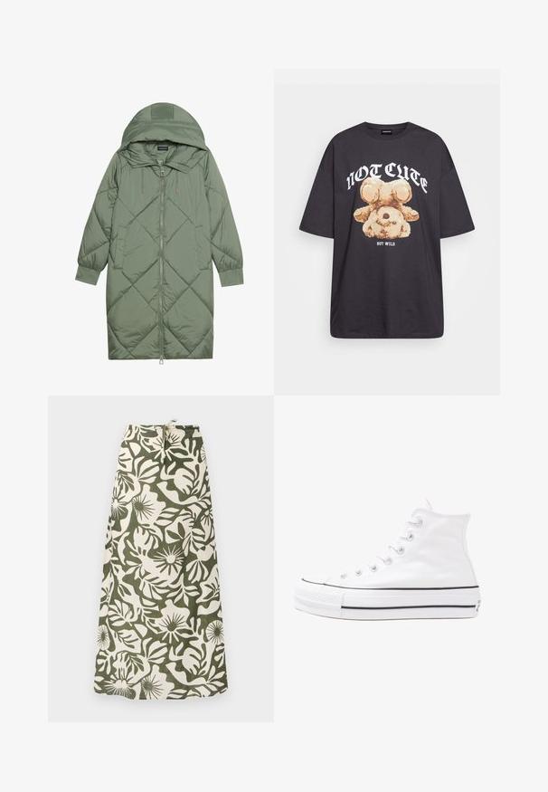 Casaco puffer longo verde acolchoado com capuz, apresentando um fecho frontal com zíper e dois bolsos laterais. Padrão texturizado em forma de diamante por todo o casaco.; T-shirt oversized preto com uma gráfica de um urso e o texto "NÃO FOFO, MAS SELVAGEM" em letras brancas e em negrito. Material em algodão.; Saia longa feita de tecido com um padrão floral verde e creme, com cintura ajustável por cordão e um acabamento suave e texturizado.; Sapatilha alta de tela branca com sola de borracha preta, bico de borracha na frente e seis ilhós para os atacadores, apresentando um design limpo e minimalista.