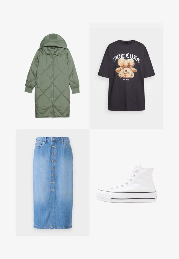 Prošívaný dlouhý zelený péřový kabát s kapucí, který má přední zip a dvě boční kapsy. Po celém povrchu je texturovaný diamantový vzor.; Černé oversized tričko s grafikou medvěda a textem „NENÍ CUTE, ALE DIVOKÝ“ v tučném bílém písmu. Bavlněný materiál.; Modrá džínová midi sukně s rovnýma střih, která má přední zapínání na knoflíky, pět kapes a zesvětlený efekt pro texturu.; Bílé vysoké plátěné tenisky s černou gumovou podrážkou, přední gumovou špičkou a šesti očky na tkaničky, se čistým, minimalistickým designem.