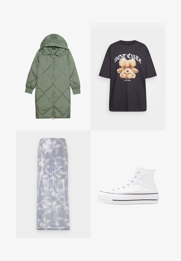 Pistetud pikk roheline puffermantel kapuutsiga, esiküljel tõmblukuga ja kahe küljetaskuga. Kogu pinnal on struktureeritud rombikujundus.; Musthave musta t-särk, millel on karu graafika ja tekst "EI NII NÄDALA, KUID MÄRG" paksult valgete tähtedega. Puuvillane materjal.; Hõbedane sädeleva midi-seelik, millel on sile tekstuur, gradientpilve muster ja sirge siluett.; Valge kõrgem kangast tenniseking, millel on must kummist tald, ees kummist varvasetugi ja kuus aukku paelte jaoks, pakkudes puhta ja minimalistliku disaini.