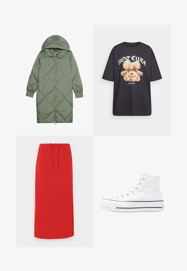 Steppelt, hosszú zöld pufikabát kapucnival, elöl cipzáras záródással és két oldalsó zsebből áll. Az anyagon teljes hosszában váltakozó gyémántmintázat található.; Fekete, oversized póló, rajta egy medvével és a "NEM CUKI, HANEM FÉKTELEN" felirattal vastag, fehér betűkkel. Pamut anyag.; Piros, térd fölé érő szoknya könnyű anyagból, rugalmas derékkal és állítható zsinórral a kényelmes illeszkedés érdekében. Simaság jellemzi, minta nélkül.; Fehér magaskorsó vászon sportcipő fekete gumi talppal, elülső gumi orrnyereggel és hat fűzőlyukkal, letisztult, minimalista dizájnnal.