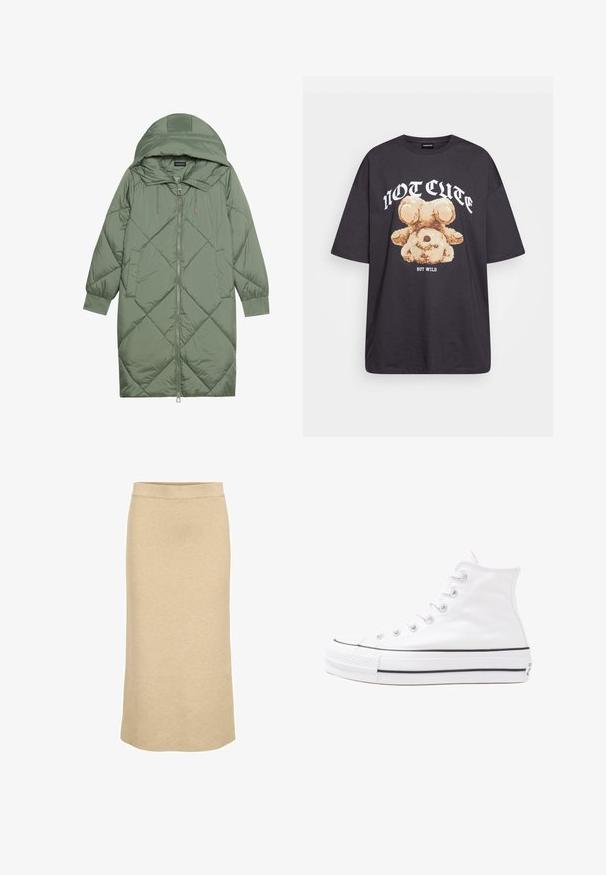Gesteppten langer grüner Daunenmantel mit Kapuze, mit einem Reißverschluss vorne und zwei Seitentaschen. Strukturiertes Rautenmuster auf der gesamten Fläche.; Schwarzes, übergroßes T-Shirt mit einem Grafikdruck eines Bären und dem Text "NICHT SÜß, SONDERN WILD" in fetter, weißer Schrift. Baumwollmaterial.; Strick-Midi-Rock in hellem Beige mit einem gerippten Taillenbund und einer geraden Silhouette aus einem glatten, weichen Material.; Weiße hochwertige Leinensneaker mit schwarzer Gummisohle, vorderem Gummizehenschutz und sechs Ösen für Schnürsenkel, die ein sauberes, minimalistisches Design aufweisen.