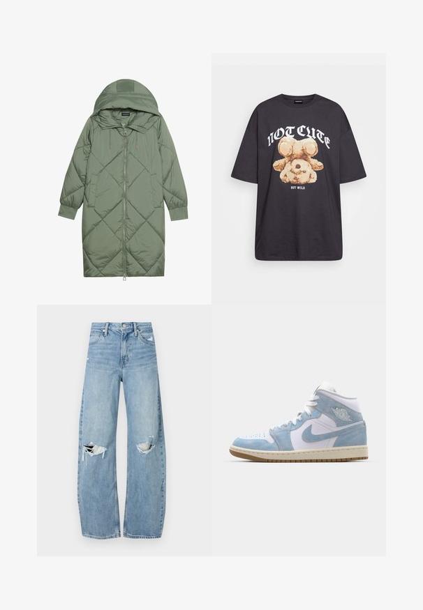 Casaco puffer longo verde acolchoado com capuz, apresentando um fecho frontal com zíper e dois bolsos laterais. Padrão texturizado em forma de diamante por todo o casaco.; T-shirt oversized preto com uma gráfica de um urso e o texto "NÃO FOFO, MAS SELVAGEM" em letras brancas e em negrito. Material em algodão.; Jeans de lavagem clara, de cintura alta, feitos de denim. Apresentam pernas largas, duas áreas rasgadas nos joelhos e o estilo clássico de cinco bolsos.; Jordan AIR JORDAN 1 MID SE - Sapatilhas de cano alto - white/worn blue/sail/light brown