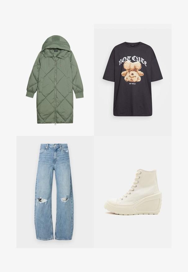 Vihreä vuorattu pitkänmallinen puhvitakki, jossa on huppu, etuvetoketju ja kaksi sivutaskua. Koko takin pinta on teksturoidussa timanttikuviossa.; Mustat ylisuurent-paidat, joissa on karhun grafiikka ja teksti "EI SULOINEN VAAN VILLI" rohkealla valkoisella fontilla. Puuvillamateriaali.; Vaaleansiniset, korkeavyötäröiset farkut, jotka on valmistettu denimmateriaalista. Ominaisuuksiin kuuluvat leveät lahkeet, kaksi revittyä polvialuetta ja klassinen viiden taskun tyyli.; Valkoinen kangaskorkeat tennarit, joissa on korokepohja, metalliset nauhakoukut, pyöreä kärki ja kuvioitu kumipohja.