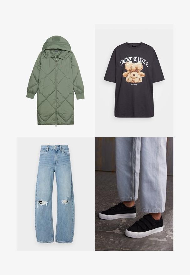 Zelený prešívaný páperový kabát s kapucňou, so zipsovým uzáverom vpredu a dvoma bočnými vreckami. Po celom povrchu je textúrovaný diamantový vzor.; Čierne oversized tričko s grafikou medveďa a textom "NIE ROZTOMILÉ ALE DIVOKÉ" v tučnom bielom písmene. Bavlnený materiál.; Svetlomodré, vysoké džínsy vyrobené z denimu. Majú široké nohavice, dve roztrhnuté kolená a klasický päťvreckový strih.; Čierne kordúrové tenisky s tromi suchými zipsami a štruktúrovaným povrchom. Nízky biely gumový podpätok. Nosené s svetlomodrými skrátenými nohavicami.