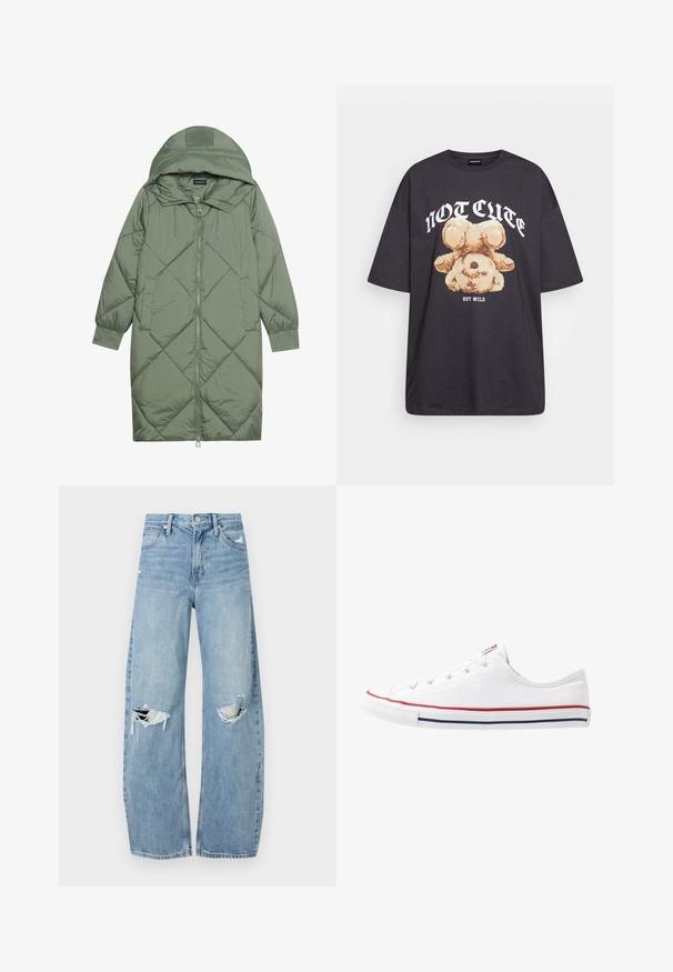 Quiltet lang grønn pufferjakke med hette, med en frontglidelås og to sidelommer. Teksturerte diamantmønster overalt.; Svart oversized t-skjorte med en grafikk av en bjørn og teksten "IKKE SØT, MEN VILL" i fet, hvit skrift. Laget av bomull.; Lyseblå høytlivsjeans laget av denim. Har vide bein, to revne knær og klassisk fem-lommers design.; Hvite kanvas lave sneakers med røde og blå aksentstriper, rund tå og gummisåle. Har seks hull for snøring.