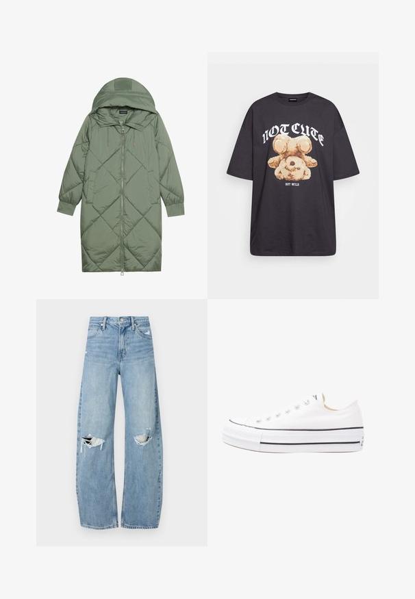 Quiltet lang grønn pufferjakke med hette, med en frontglidelås og to sidelommer. Teksturerte diamantmønster overalt.; Svart oversized t-skjorte med en grafikk av en bjørn og teksten "IKKE SØT, MEN VILL" i fet, hvit skrift. Laget av bomull.; Lyseblå høytlivsjeans laget av denim. Har vide bein, to revne knær og klassisk fem-lommers design.; Hvite kanvas sneakers med gummisåle, lavt snitt, svarte detaljer langs sålen og rund tåhette. Har metalløyelister.