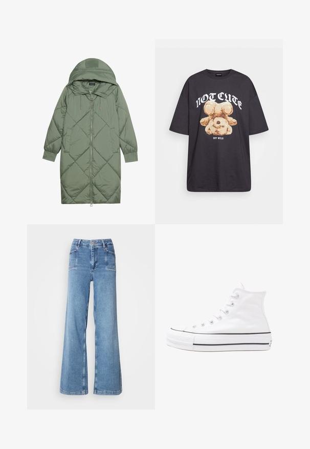 Abrigo acolchado largo verde tipo puffer con capucha, que presenta un cierre frontal con cremallera y dos bolsillos laterales. Patrón de diamantes texturizado en toda su superficie.; Camiseta negra de gran tamaño con un gráfico de un oso y el texto "NO LINDO SINO SALVAJE" en letras blancas y en negrita. Material de algodón.; Vaqueros de pierna ancha en color azul claro, confeccionados en denim, con una cintura alta, cinco bolsillos y costuras decorativas a lo largo de los lados y el dobladillo.; Zapatilla de lona alta blanca con suela de goma negra, puntera de goma frontal y seis ojetes para los cordones, que presenta un diseño limpio y minimalista.