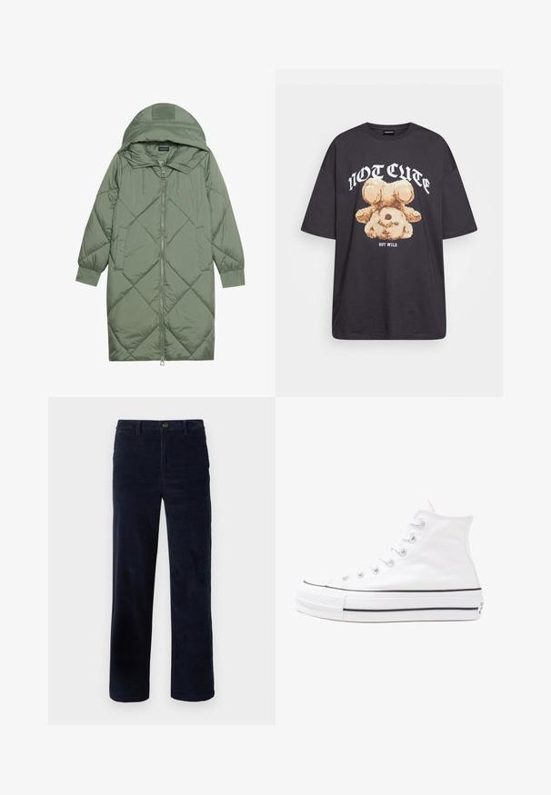 Cappotto lungo imbottito verde con un cappuccio, caratterizzato da una chiusura frontale a zip e due tasche laterali. Motivo a rombi testurizzati su tutta la superficie.; T-shirt nera oversize con una grafica di un orso e la scritta "NON CARINA MA SELVAGGIA" in grassetto, lettere bianche. Materiale in cotone.; Pantaloni in corduroy blu navy con gambe dritte, caratterizzati da una chiusura con bottone e un tessuto testurizzato. Nessun motivo o accento visibile.; Sneaker alta in tela bianca con suola in gomma nera, punta in gomma frontale e sei asole per i lacci, caratterizzata da un design pulito e minimalista.
