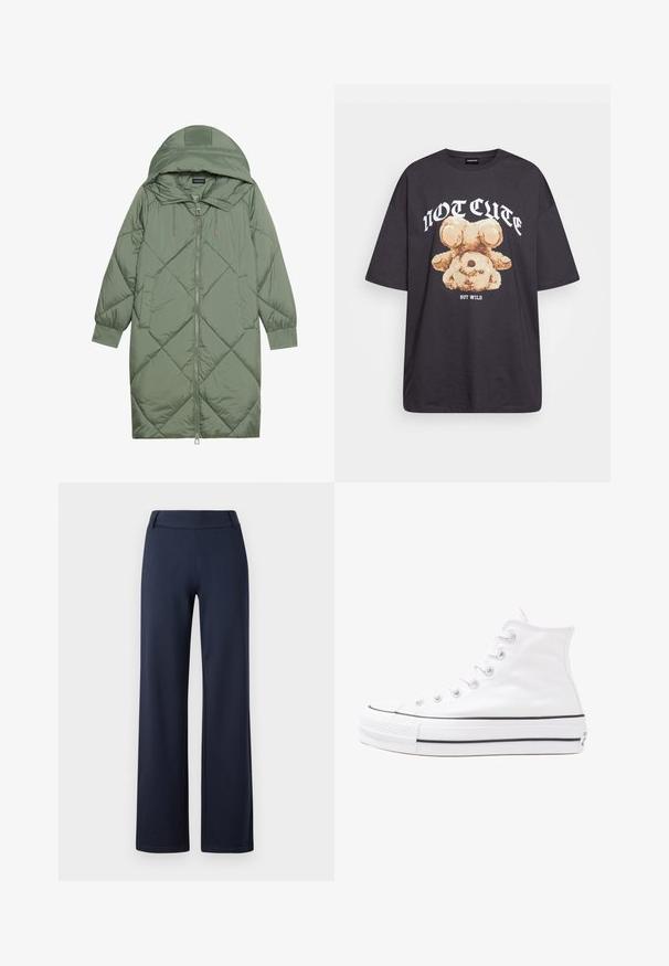 Casaco puffer longo verde acolchoado com capuz, apresentando um fecho frontal com zíper e dois bolsos laterais. Padrão texturizado em forma de diamante por todo o casaco.; T-shirt oversized preto com uma gráfica de um urso e o texto "NÃO FOFO, MAS SELVAGEM" em letras brancas e em negrito. Material em algodão.; Calças largas de cor azul marinho, feitas de um material suave e elástico. Apresentam uma cintura plana e uma textura lisa; sem padrões ou hardware visíveis.; Sapatilha alta de tela branca com sola de borracha preta, bico de borracha na frente e seis ilhós para os atacadores, apresentando um design limpo e minimalista.