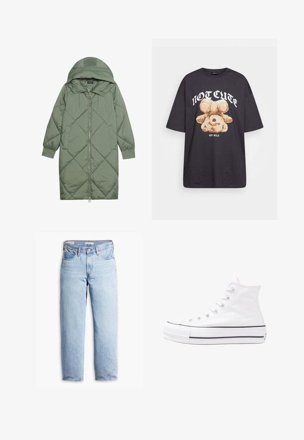 Prostorna dolga zeleni puffer plašč s kapuco, z zadrgo spredaj in dvema stranskima žepoma. Tekstura z diamantnim vzorcem po celotni površini.; Črna oversized majica s kratkimi rokavi, na kateri je grafika medveda z besedilom „NI SRČKAN VKLJUČNO Z DIVJIM“ v poudarjenem belem tisku. Material: bombaž.; Svetlo modri visok pas ravne nogavice kavbojke zanktami, sprednji gumb, zadrga in pet žepov.; Beli visoki platneni športni čevelj z črnim gumijastim podplatom, sprednjim gumijastim zaščitnikom za prste in šestimi luknjicami za vezalke, ki se ponaša s preprostim, minimalističnim dizajnom.