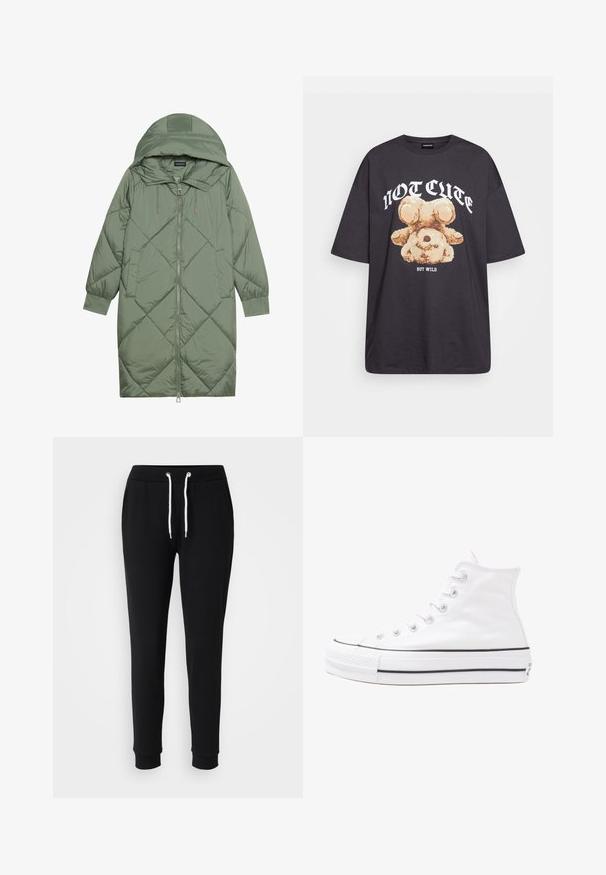 Quiltana duga zelena puffer jakna s kapuljačom, s prednjim zatvaračem i dva bočna džepa. Teksturni dijamantni uzorak kroz cijelu jaknu.; Crna oversized majica s grafikom medvjeda i natpisom "NIJE SLATKO, ALI DIVLJE" u podebljanim, bijelim slovima. Pamuk.; Crne trenirke s elastičnim pojasom na vezanje, bijelim detaljima od žice, suženi kroj i rebrasti manžeti. Napravljene od mekog, udobnog materijala.; Bijela visoka platnena tenisica s crnom gumenom potplatom, prednjim gumenim zaštitnikom prstiju i šest rupa za vezanje, s čistim, minimalističkim dizajnom.