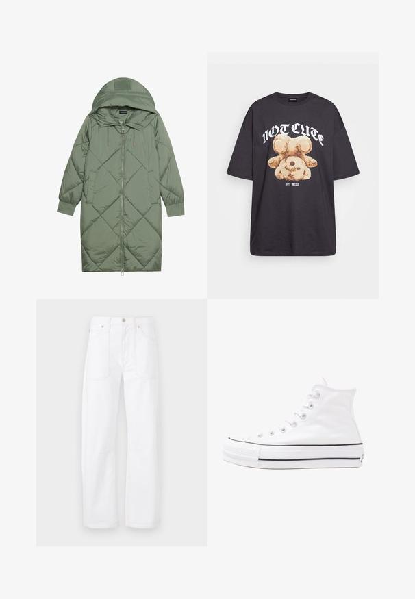 Cele nouă pictate în verde închis, din material pufos, cu glugă, care dispune de închidere cu fermoar frontal și două buzunare laterale. Model texturat cu un model în diamant pe întreaga suprafață.; Tricou oversized negru featuring un grafic cu un urs și textul „NU E DRĂGUȚ DAR SUNT SĂLBATIC” în litere albe, îndrăznețe. Material din bumbac.; Pantaloni din denim alb, cu croi drept, cusături contrastante portocalii, cinci buzunare și închidere cu nasture și fermoar.; Adidași albi tip pantofi sport cu glezna din pânză, cu talpă din cauciuc negru, capac de vârf din cauciuc frontal și șase ochiuri pentru șireturi, având un design curat și minimalist.