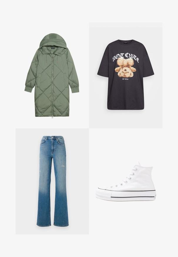 Vadderad lång grön pufferjacka med huva, med en framsidan dragkedjestängning och två sidofickor. Strukturerad diamantmönster över hela plagget.; Svart oversized t-shirt med en grafik av en björn och texten "INTE SÖT MEN VILD" i fet, vit lettering. Tillverkad av bomull.; Högmidjade blå denimjeans med lätt slitage på låren, femfickorsstil och design med utsvängd ben.; Vit hög topp canvas sneaker med svart gummisulan, framsidan gummitåhätta och sex öglor för snören, med en ren, minimalistisk design.